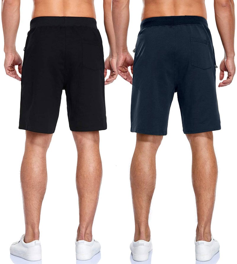 Boyzn Men's 2 Pack Casual Shorts Cotton Workout Running Shorts Quick Dry Lightweight Joggers Shorts with Elastic Waist and Zip Pockets Black/Navy-L - Image 4
