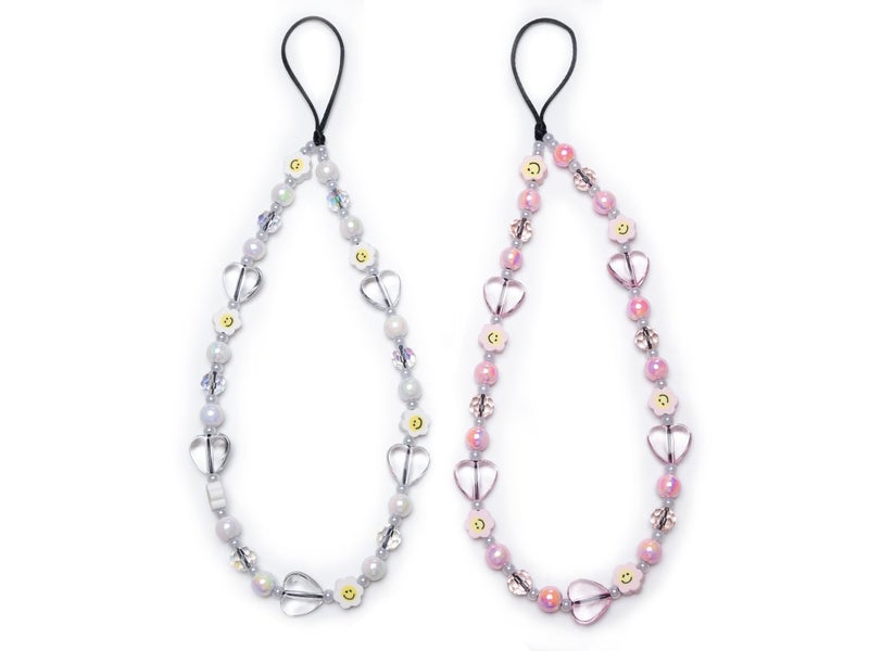 BoudlesCham 2PCS Phone Charm Wrist Strap, Cute Beaded Phone Chain with Crystal Heart & Smiley Face, Detachable Cell Phone Charms Keychain for iPhone Samsung Pixel Camera, Aesthetic Gift for Girls & Women (Pink/White) - Image 1