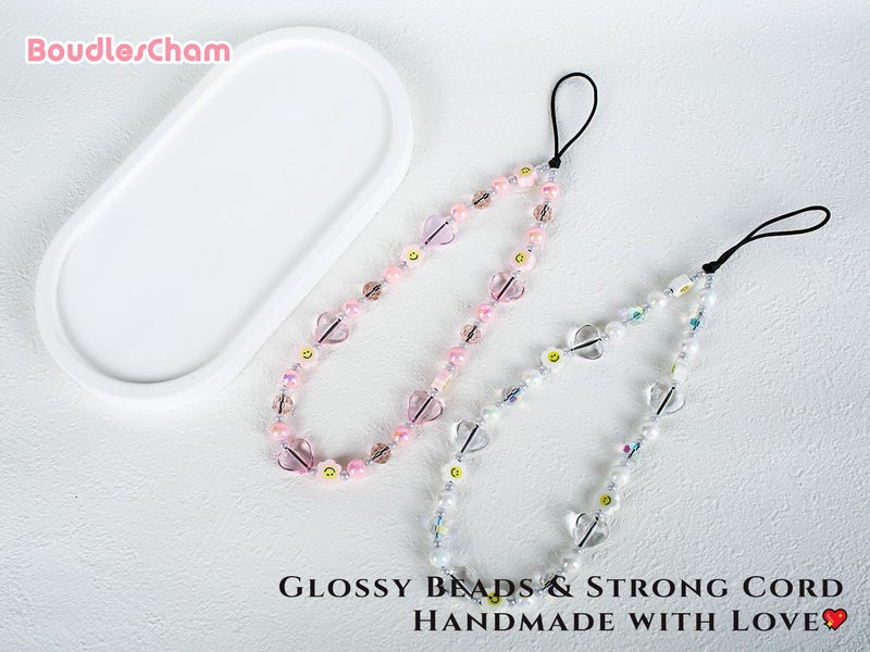 BoudlesCham 2PCS Phone Charm Wrist Strap, Cute Beaded Phone Chain with Crystal Heart & Smiley Face, Detachable Cell Phone Charms Keychain for iPhone Samsung Pixel Camera, Aesthetic Gift for Girls & Women (Pink/White) - Image 5