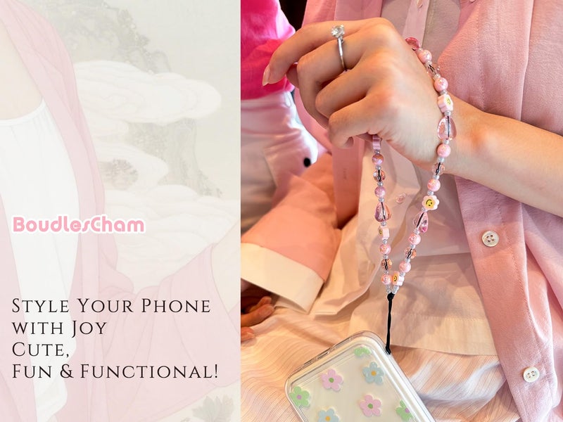 BoudlesCham 2PCS Phone Charm Wrist Strap, Cute Beaded Phone Chain with Crystal Heart & Smiley Face, Detachable Cell Phone Charms Keychain for iPhone Samsung Pixel Camera, Aesthetic Gift for Girls & Women (Pink/White) - Image 3