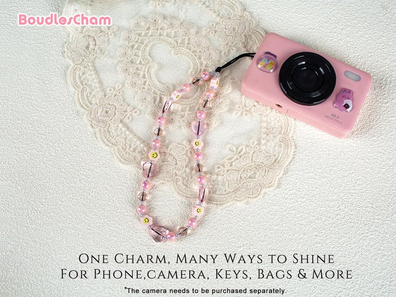 BoudlesCham 2PCS Phone Charm Wrist Strap, Cute Beaded Phone Chain with Crystal Heart & Smiley Face, Detachable Cell Phone Charms Keychain for iPhone Samsung Pixel Camera, Aesthetic Gift for Girls & Women (Pink/White) - Image 4