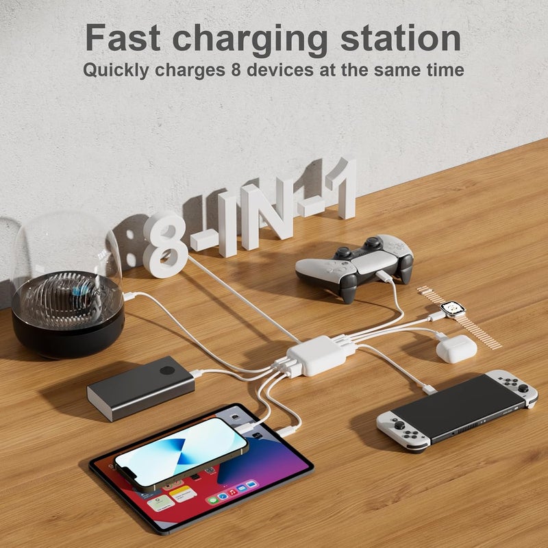 في اتش بي دبليو شاحن USB بـ 8 منافذ ، شاحن USB C متعدد المنافذ للاستخدام أثناء السفر، محطة شحن صغيرة تحتوي على منافذ USB C و USB A، كتلة محطة الشحن (بيضاء) - Image 2