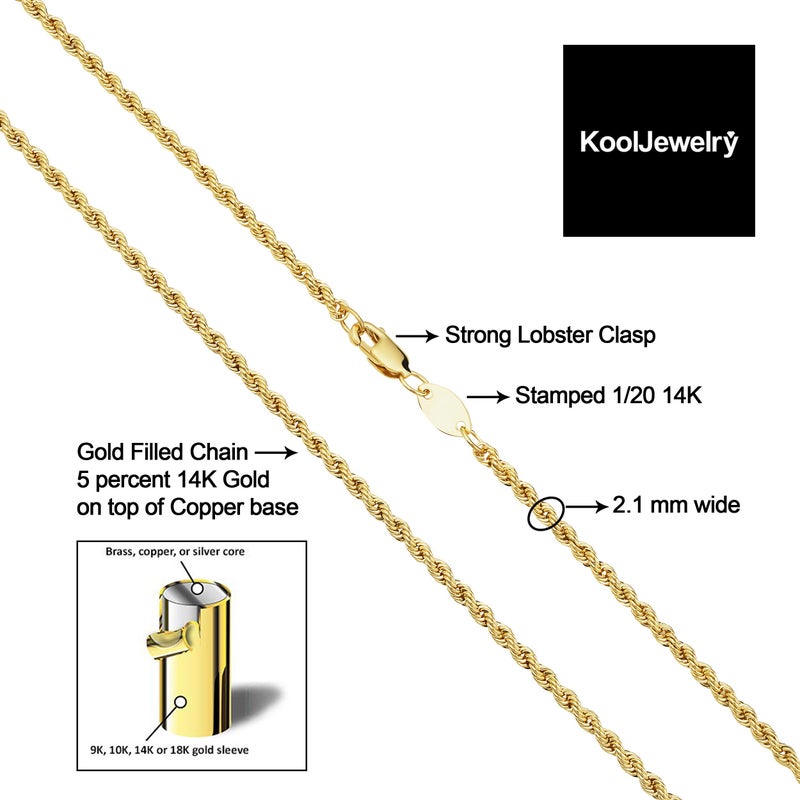 Kooljewelry Solid 14k Yellow Gold Filled Rope Chain Necklace (2.1 mm, 26 inch) - Image 3