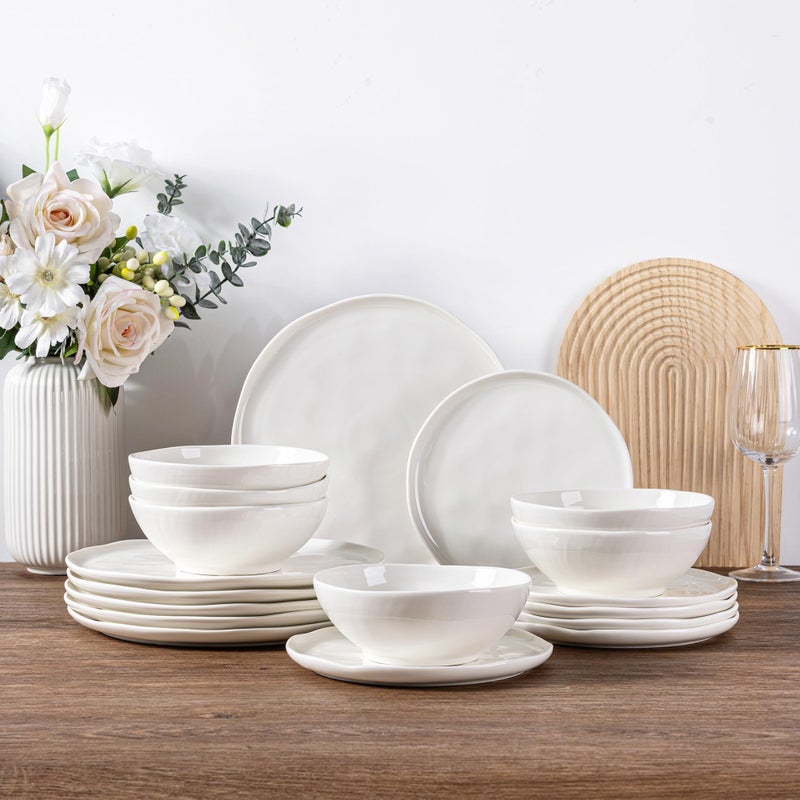 LERATIO Ceramic Dinnerware Sets for 6,Porcelain Plates and Bowls Sets with Wavy Edge, Oven &Microwave & Dishwasher Safe,Light Weight & Scratch Resistant Dishes Sets-Service for 6 (18pcs)-Peal White - Image 1
