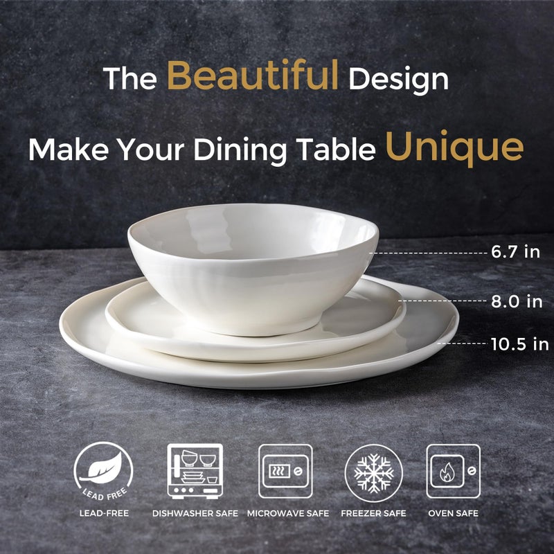 LERATIO Ceramic Dinnerware Sets for 6,Porcelain Plates and Bowls Sets with Wavy Edge, Oven &Microwave & Dishwasher Safe,Light Weight & Scratch Resistant Dishes Sets-Service for 6 (18pcs)-Peal White - Image 2