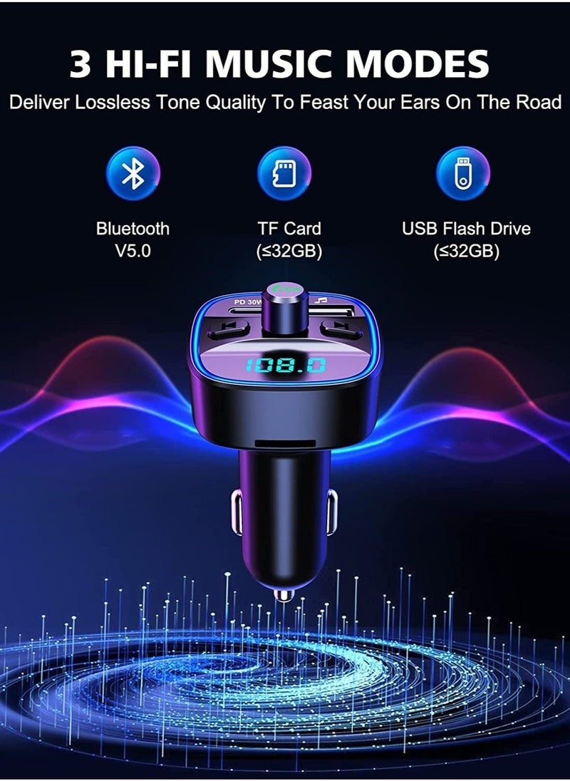 Bluetooth FM Transmitter for Car, [Upgraded Type-C] PD 30W Quick Charging Bluetooth Car Adapter with Hands-Free Calling, Wireless FM Radio Receiver Music Player/Car Kit Support SD Card & USB - Image 4
