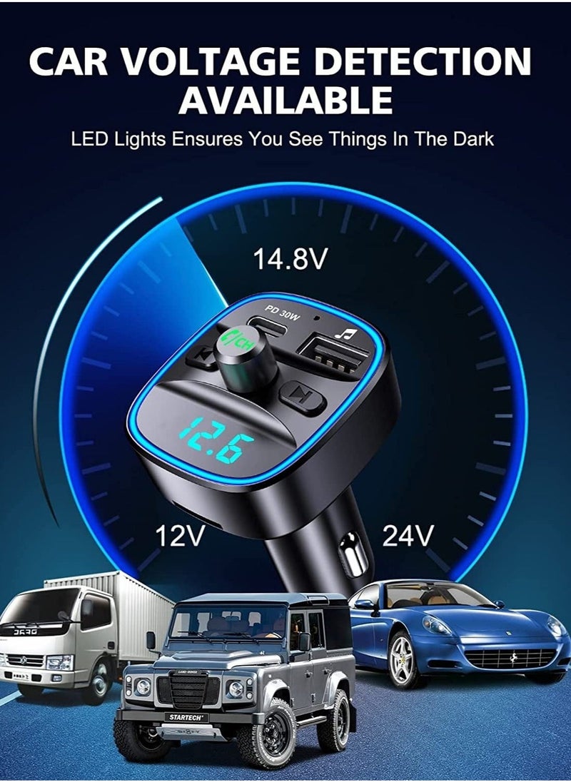 Bluetooth FM Transmitter for Car, [Upgraded Type-C] PD 30W Quick Charging Bluetooth Car Adapter with Hands-Free Calling, Wireless FM Radio Receiver Music Player/Car Kit Support SD Card & USB - Image 2