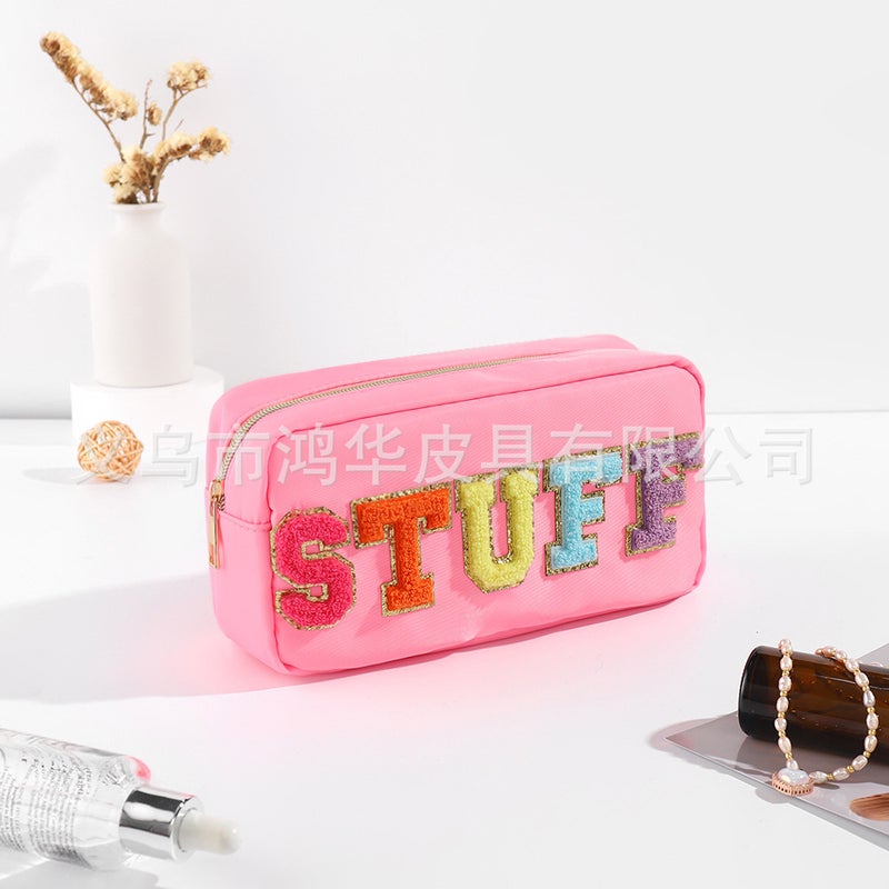 Fashion Solid Color Towel Embroidered Nylon Makeup Bag for Women pink (STUFF)