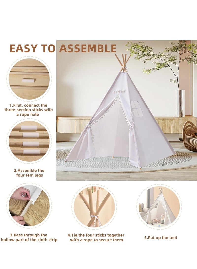MIXDE New Child Teepee Tent Play House Tent 1.6M Camping Foldable Canvas Kids Playhouse Portable Teepee White - Image 3