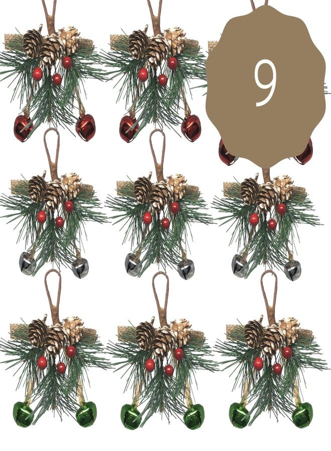 BANBERRY DESIGNS Bell Christmas Ornaments - Red Berries and Pine - Hanging Greenery and Snow Covered Pine Cone - Silver, Green and Red Bells - Crafting - Measures 6" Long - Image 2