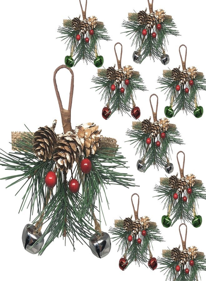 BANBERRY DESIGNS Bell Christmas Ornaments - Red Berries and Pine - Hanging Greenery and Snow Covered Pine Cone - Silver, Green and Red Bells - Crafting - Measures 6" Long - Image 1