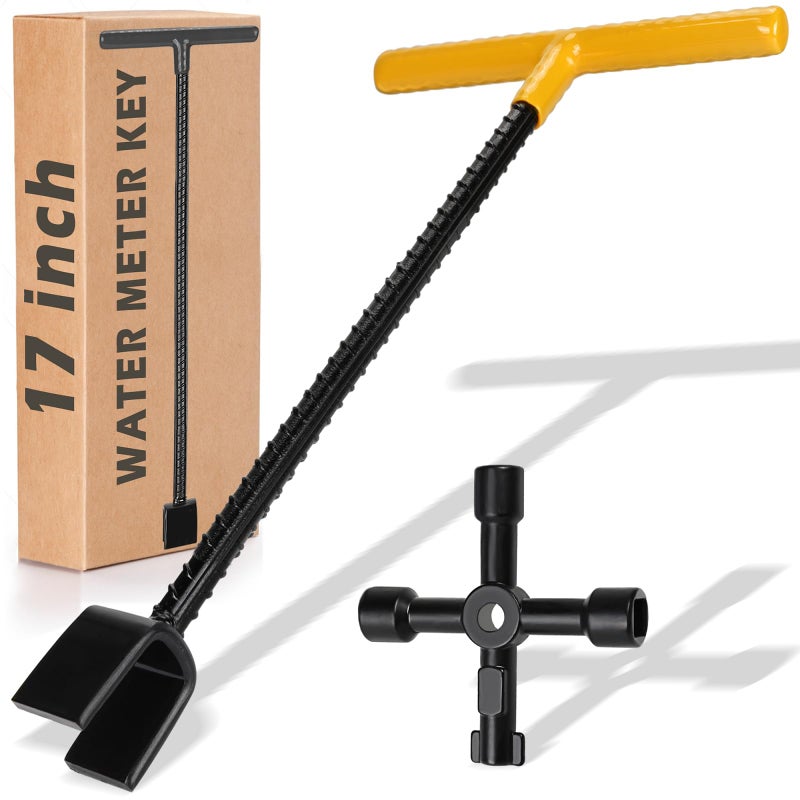 Winisok 17 Inch Water Meter Key With 4 Way Multi-Functional Utilities Key, Enforced Rebar Water Shut Off Tool Wrench T-handle for Curb Main and Water Meters, Underground Stop or Waste Valves - Image 1
