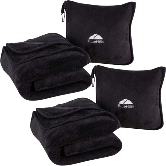 2PACK PREMIUM SOFT TRAVEL BLANKET PILLOW AIRPLANE BLANKET FOR TWO IN SOFT BAG PILLOWCASE WITH HAND LUGGAGE BELT AND BACKPACK CLIP COMPACT PACK LARGE BLANKETS FOR TRAVEL BLACK T014