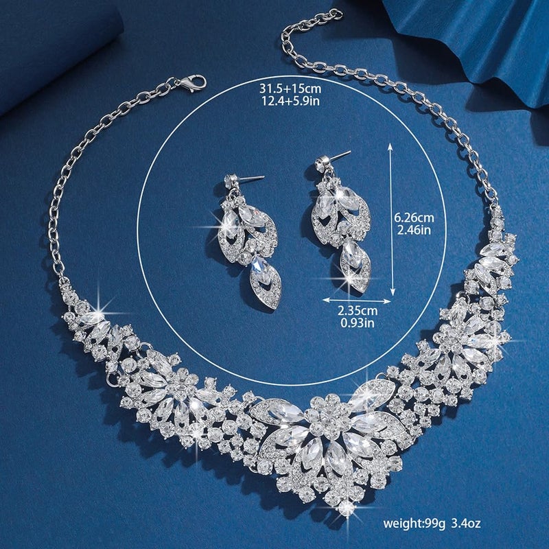 fxmimior Vintage Crystal Rhinestone Statement Choker Bib Statement Necklace Earring Set Sparkly Chunky Cluster Leaf Flower Necklace Dangle Earrings Set Party Prom Bar Costume Jewelry Sets (White) - Image 3