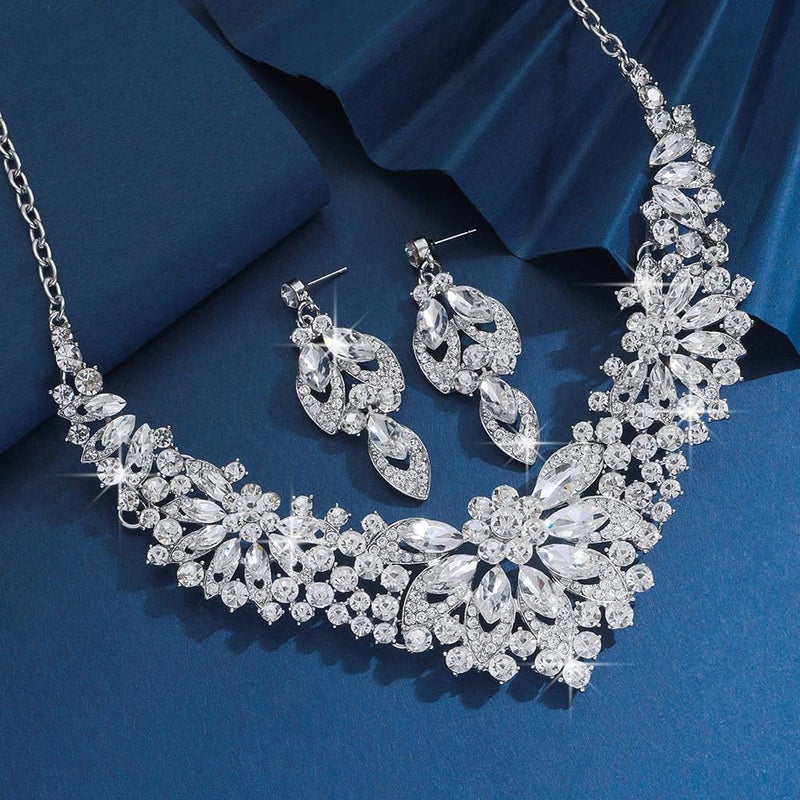 fxmimior Vintage Crystal Rhinestone Statement Choker Bib Statement Necklace Earring Set Sparkly Chunky Cluster Leaf Flower Necklace Dangle Earrings Set Party Prom Bar Costume Jewelry Sets (White) - Image 5