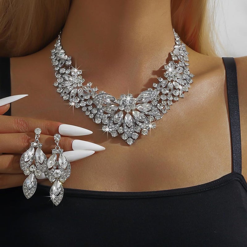 fxmimior Vintage Crystal Rhinestone Statement Choker Bib Statement Necklace Earring Set Sparkly Chunky Cluster Leaf Flower Necklace Dangle Earrings Set Party Prom Bar Costume Jewelry Sets (White) - Image 2