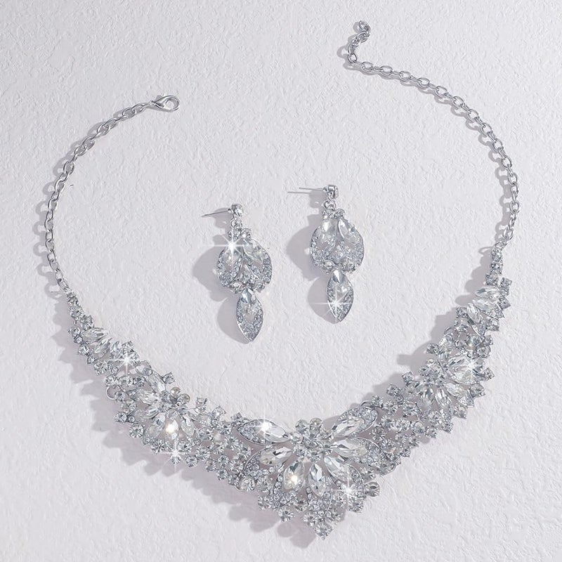 fxmimior Vintage Crystal Rhinestone Statement Choker Bib Statement Necklace Earring Set Sparkly Chunky Cluster Leaf Flower Necklace Dangle Earrings Set Party Prom Bar Costume Jewelry Sets (White) - Image 4