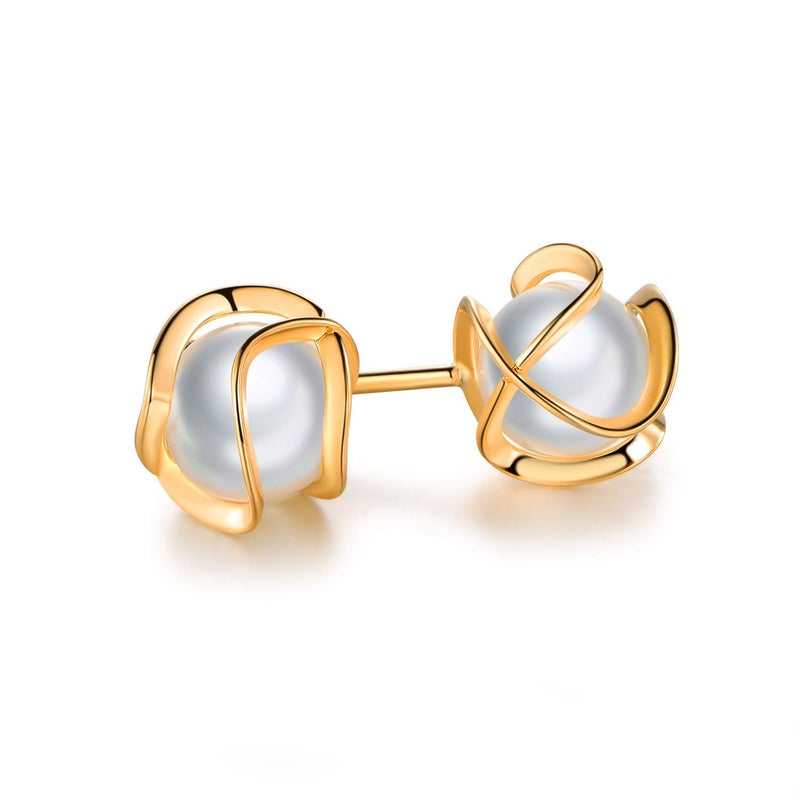 Barzel 18K Gold Plated Caged Pearl Stud Earrings, 6MM - Made In Brazil - Image 5