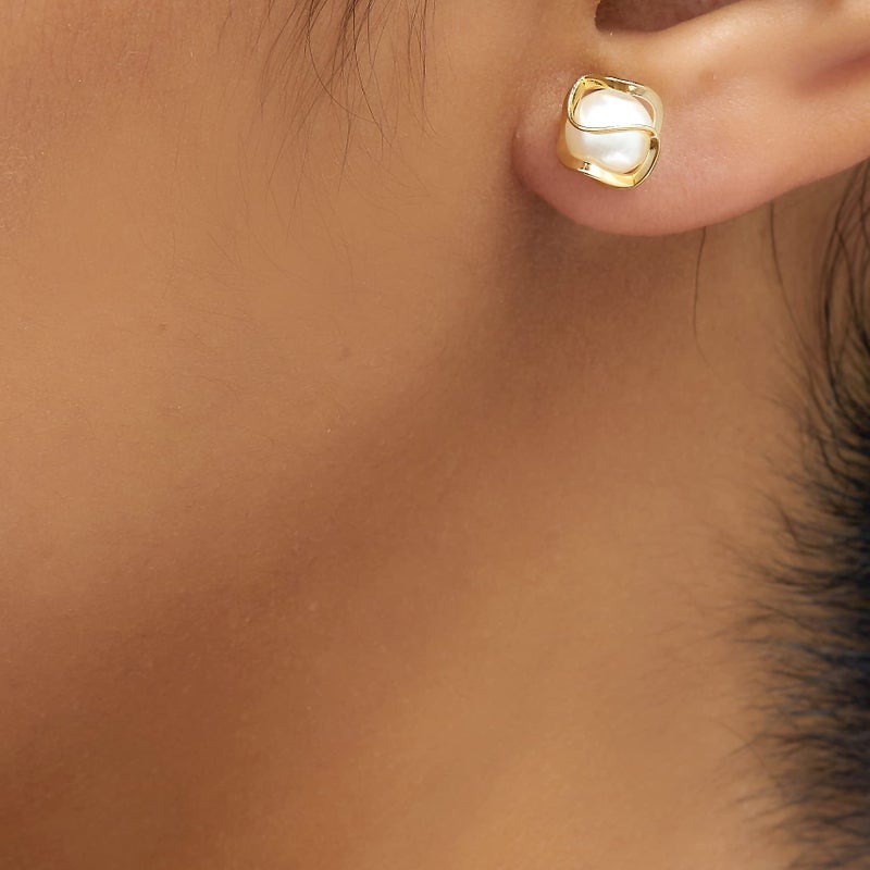 Barzel 18K Gold Plated Caged Pearl Stud Earrings, 6MM - Made In Brazil - Image 3
