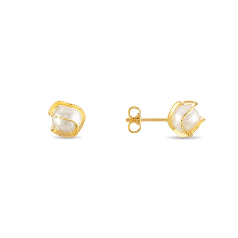 Barzel 18K Gold Plated Caged Pearl Stud Earrings, 6MM - Made In Brazil - Image 1