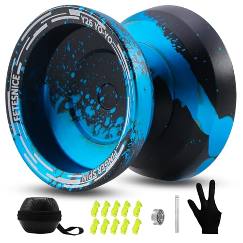 FETESNICE Y26 Professional Butterfly YoYo Dual Mode ResponsiveUnresponsive Finger Spin Yoyo for Kids Adults Competition Players Pro YoYo with 10 Strings Case GlovesBlack Blue - Image 1