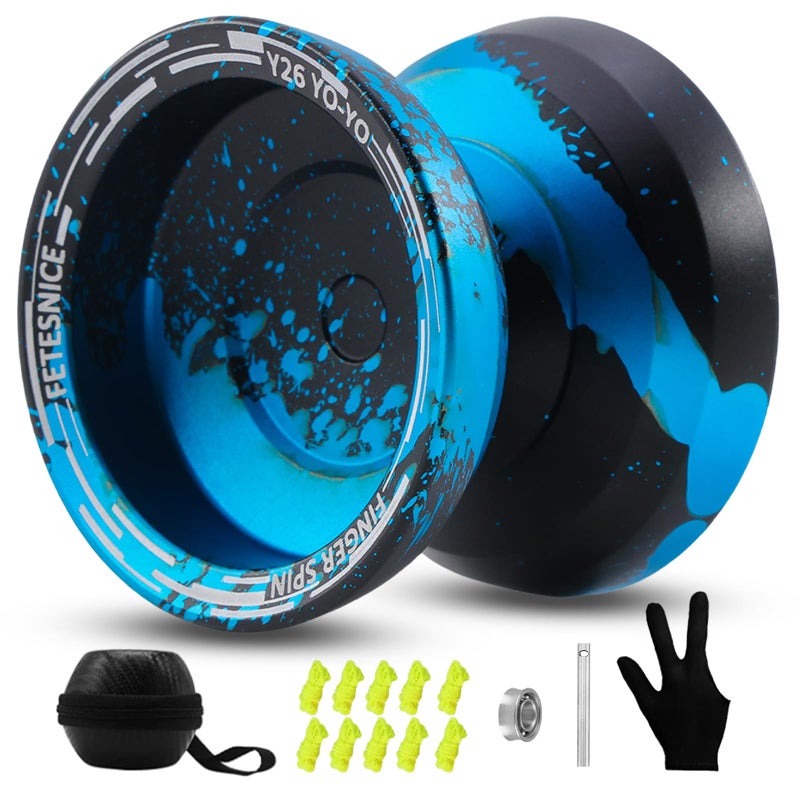 FETESNICE Y26 Professional Butterfly YoYo Dual Mode ResponsiveUnresponsive Finger Spin Yoyo for Kids Adults Competition Players Pro YoYo with 10 Strings Case GlovesBlack Blue - Image 3