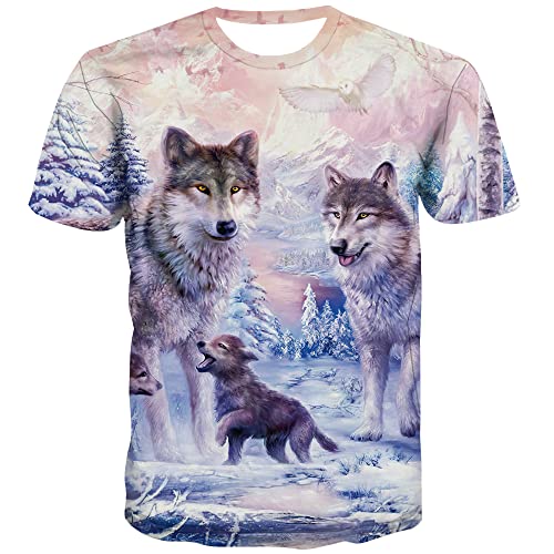 KYKU Wolf Family Tshirt Men 3D Printed Graphics Animal Pink T-Shirt Short Sleeve (Large, Wolf Tshirt) - Image 1