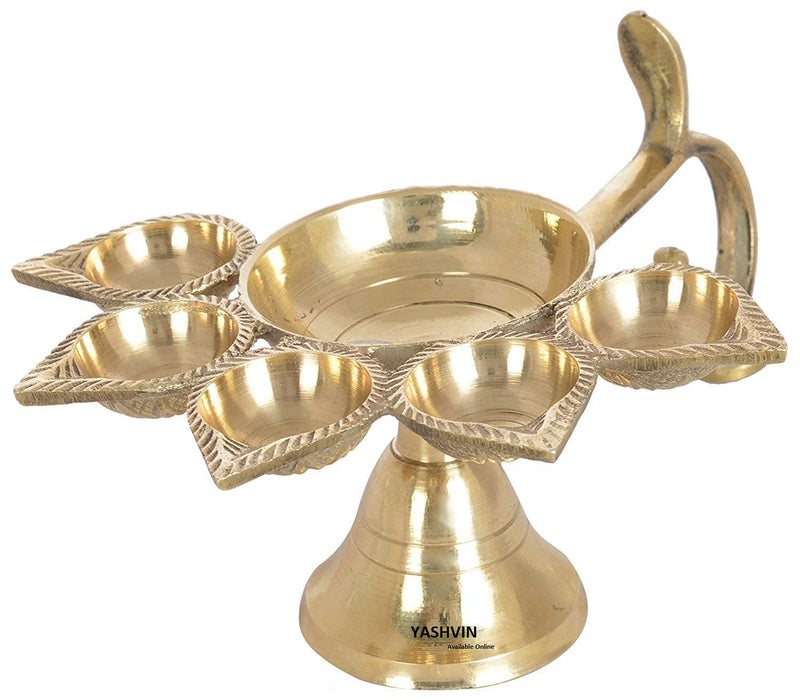 Yashvin Metal Brass Panch Aarti Lamp Pancharti Diya Oil Lamp Puja Aarti Diya Panch Mukhi Aarti Deepak Oil Lamp Puja Accessory for Gifting and Religious Purpose 5 Face Brass Diya Lamp - Image 5