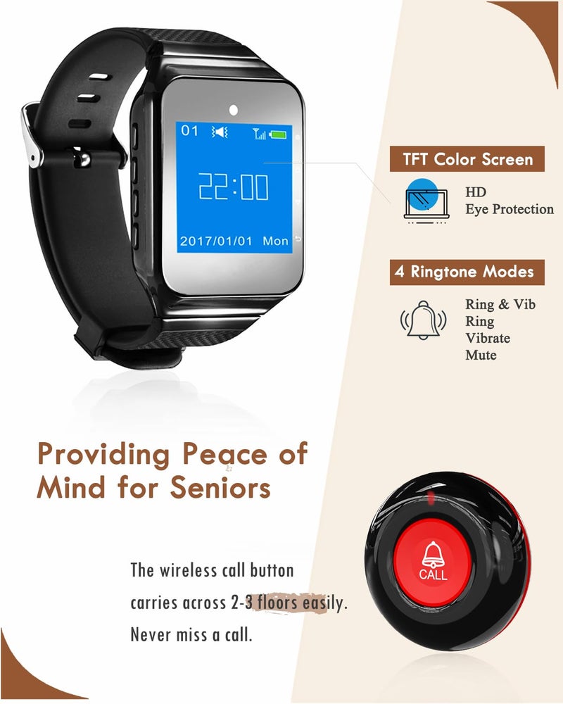 CallToU Wireless Caregiver Pager Call Button 500+Feet Nurse Alert System for Elderly Monitoring Waterproof Call Bell for Home 1 Receiver Wrist Pager 2 SOS Call Buttons - Image 3
