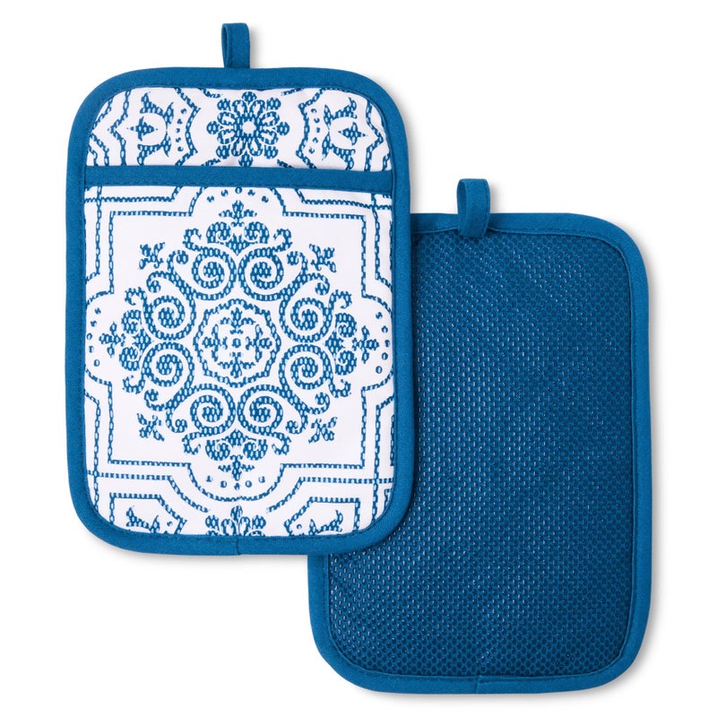MARTHA STEWART Strie Medallion Pot Holder 2Pack Set Heat Resistant NonSlip Silicone Grip Navy Blue 7x10