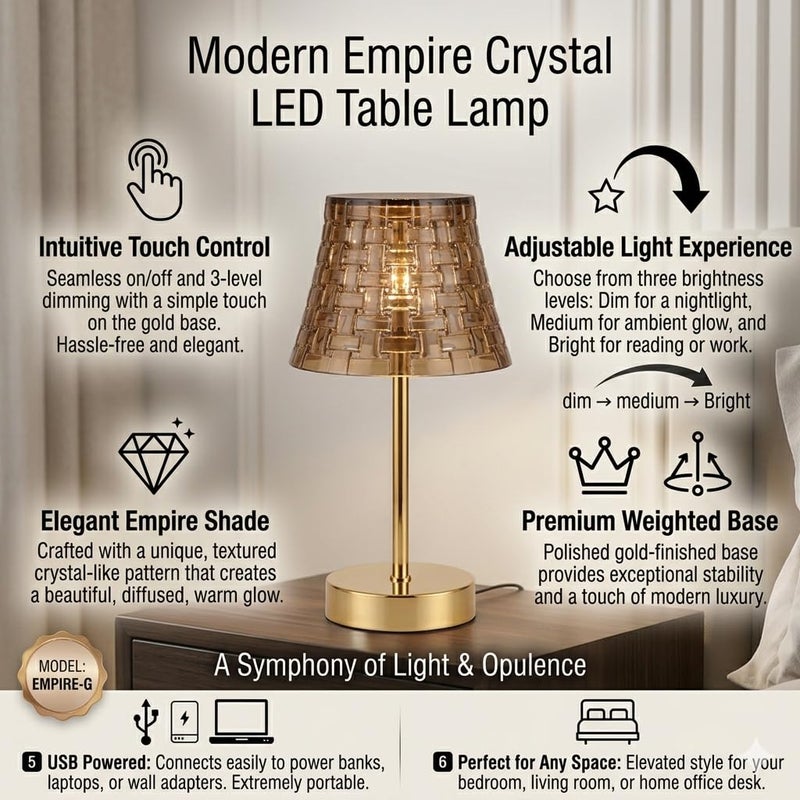 Crystal LED Table Lamp Touch Control 3-Way Dimmable Nightstand Light Gold Metal Base Acrylic Shade USB Powered, Luxurious for Bedroom Living Room & Desk Decor (Empire Gold) - Image 3
