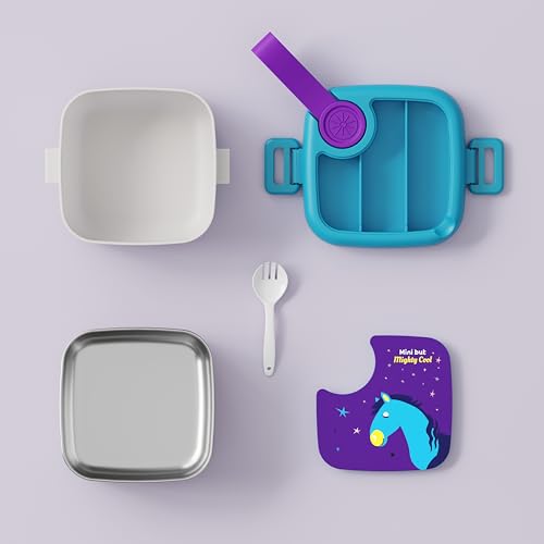 MEDALLIX Stainless Steel Lunch Box with Spoon, Leak-Proof Kids Tiffin Box, Durable Eco-Friendly School Lunch Container for Boys & Girls | LUNCHMATE Mini But Mighty Cool (500 ML - Purple & Blue) - Image 3