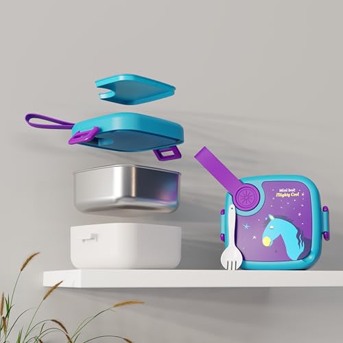 MEDALLIX Stainless Steel Lunch Box with Spoon, Leak-Proof Kids Tiffin Box, Durable Eco-Friendly School Lunch Container for Boys & Girls | LUNCHMATE Mini But Mighty Cool (500 ML - Purple & Blue) - Image 2