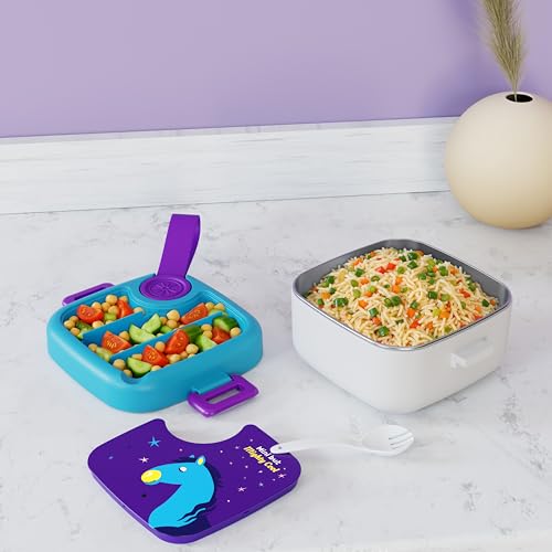 MEDALLIX Stainless Steel Lunch Box with Spoon, Leak-Proof Kids Tiffin Box, Durable Eco-Friendly School Lunch Container for Boys & Girls | LUNCHMATE Mini But Mighty Cool (500 ML - Purple & Blue) - Image 5