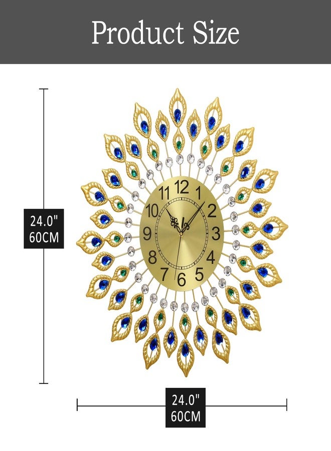 JUGV 23.6 Inch Gold Large Wall Clocks for Living Room Decor,Elegant 3D Modern Wall Clock with Dial Arabic Numberals Non-Ticking Silent Big Wall Clocks,Diamond Round Home Decoration Kitchen Clocks - Image 2