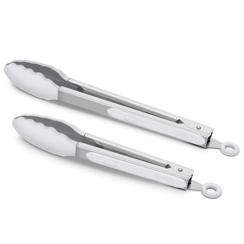 ALLWIN-HOUSEWARE W Premium Silicone Set of 2 Cooking Tongs 9Inch  12Inch BPA Free NonStick Stainless Steel BBQ Grilling Locking Food Tong Light Grey
