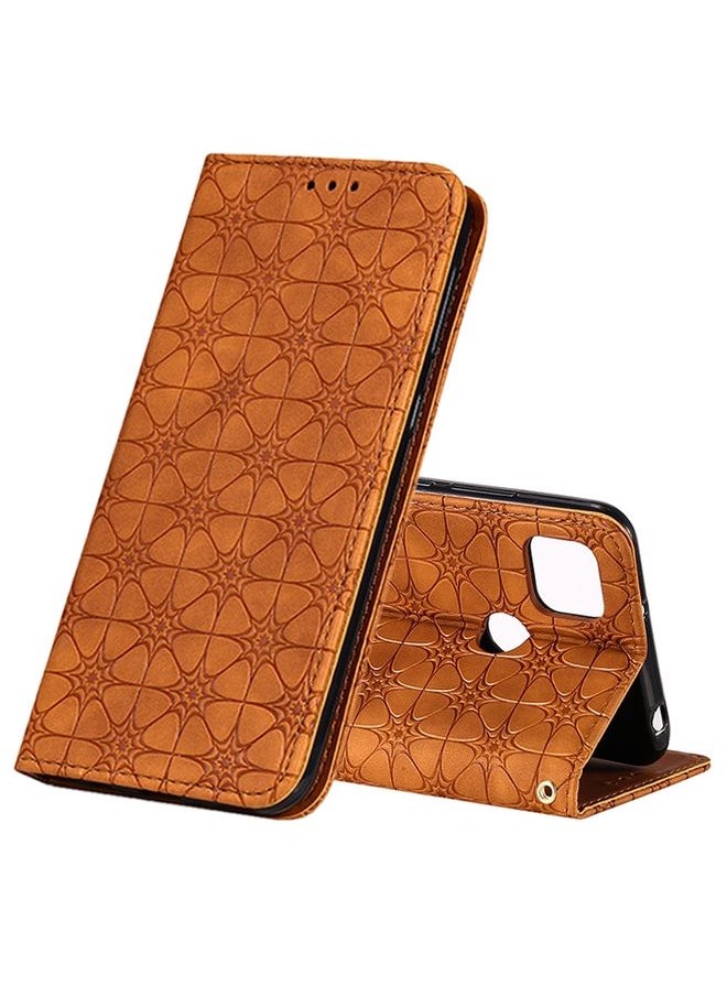 HuHa Case Cover For Xiaomi Redmi 9C Lucky Flowers Embossing Pattern Magnetic Horizontal Flip Leather Case with Holder & Card Slots Yellow Brown 