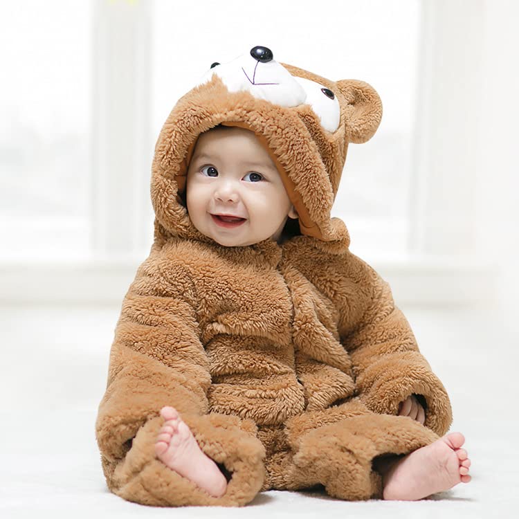 BRANDONN Unisex Baby Flannel Jumpsuit Panda Style Cosplay Clothes Bunting Outfits Snowsuit Hooded Romper Outwear (Camel TeddyBear, 6-9 Months) - Image 2
