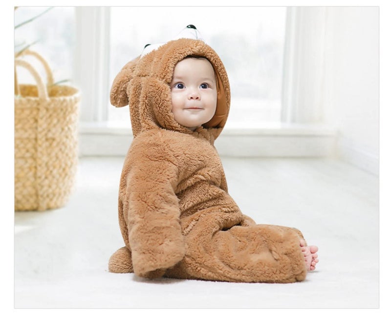BRANDONN Unisex Baby Flannel Jumpsuit Panda Style Cosplay Clothes Bunting Outfits Snowsuit Hooded Romper Outwear (Camel TeddyBear, 6-9 Months) - Image 4