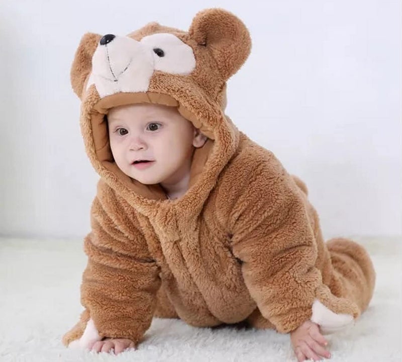 BRANDONN Unisex Baby Flannel Jumpsuit Panda Style Cosplay Clothes Bunting Outfits Snowsuit Hooded Romper Outwear (Camel TeddyBear, 6-9 Months) - Image 3