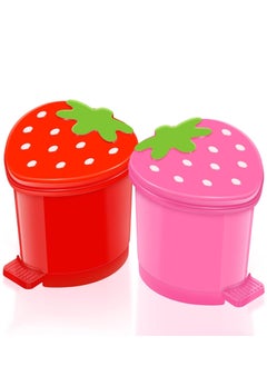 Generic 2 Pieces Strawberry Desk Trash Can, Kawaii Mini Trash Can with Lid Cute Red Pink Trash Can, Tiny Garbage Can with Swing Lid Desktop Organizer for Coffee Table Kitchen Office Car Pink Red  - Image 1