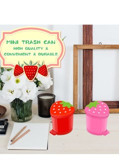 Generic 2 Pieces Strawberry Desk Trash Can, Kawaii Mini Trash Can with Lid Cute Red Pink Trash Can, Tiny Garbage Can with Swing Lid Desktop Organizer for Coffee Table Kitchen Office Car Pink Red  - Image 3