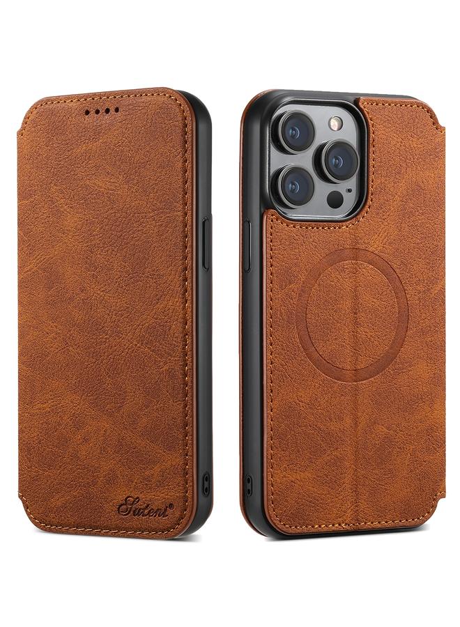 Suteni Case For iPhone 13 Pro Max J06 Retro Matte Litchi Texture Leather Magnetic Magsafe Phone Case - Image 1