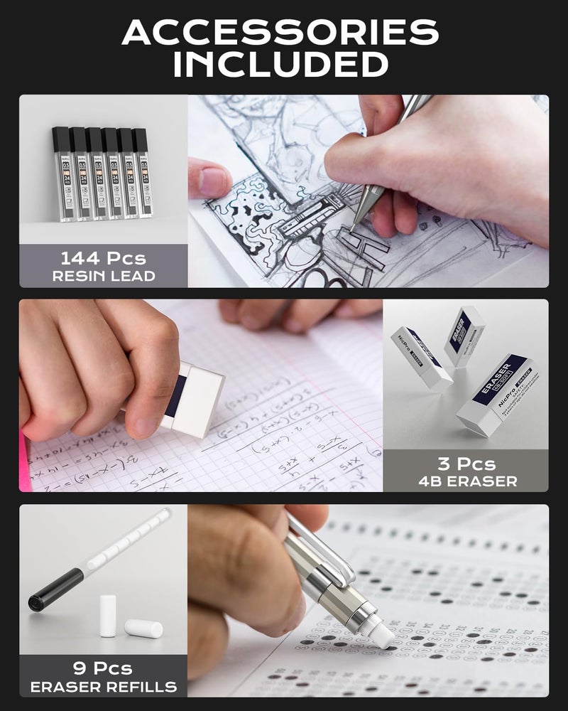 Nicpro 4 Pack Mechanical Pencil 0.5 mm with Case, MB1000 Metal Mechanical Pencil Set with 6 Tube HB #2 Lead Refill 0.5mm, 3PCS 4B Eraser, 9 Cap Eraser for Artist Drafting Writing, Sketching, Drawing - Image 5