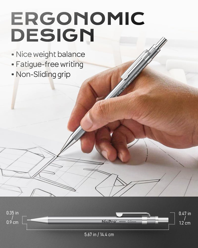 Nicpro 4 Pack Mechanical Pencil 0.5 mm with Case, MB1000 Metal Mechanical Pencil Set with 6 Tube HB #2 Lead Refill 0.5mm, 3PCS 4B Eraser, 9 Cap Eraser for Artist Drafting Writing, Sketching, Drawing - Image 4
