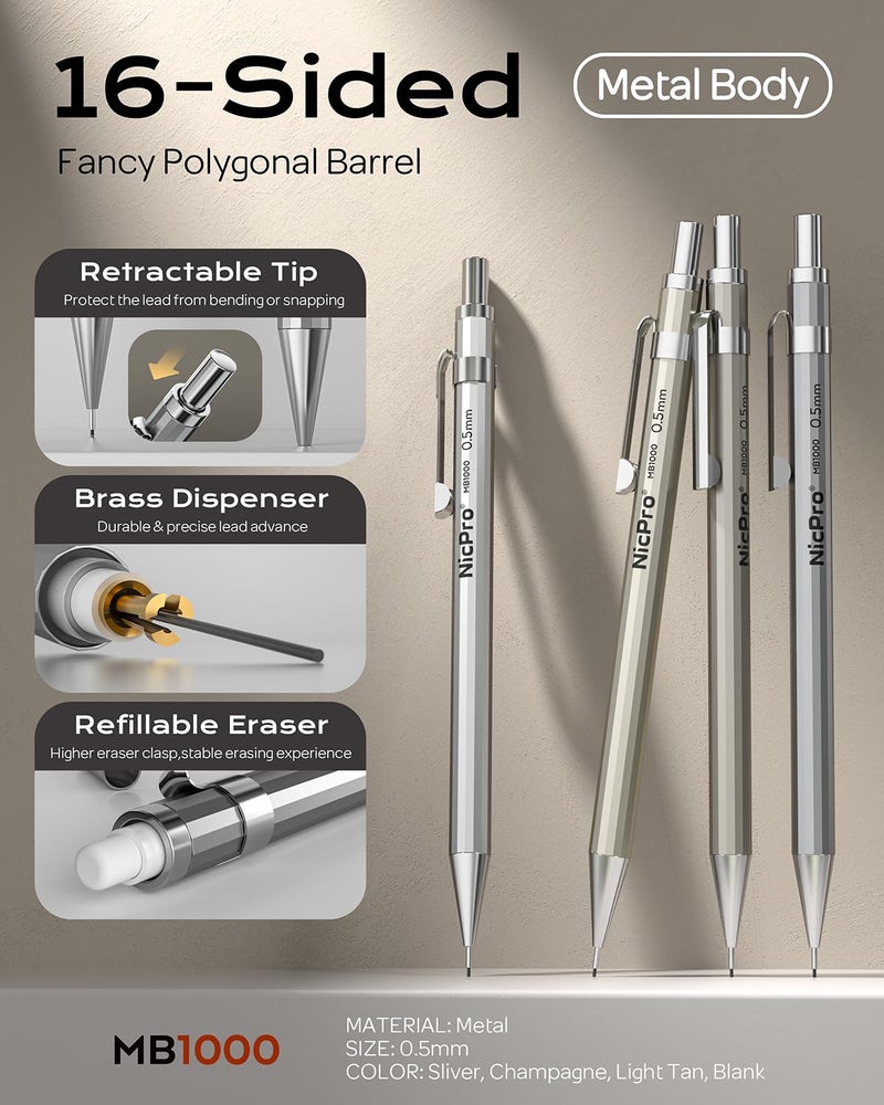 Nicpro 4 Pack Mechanical Pencil 0.5 mm with Case, MB1000 Metal Mechanical Pencil Set with 6 Tube HB #2 Lead Refill 0.5mm, 3PCS 4B Eraser, 9 Cap Eraser for Artist Drafting Writing, Sketching, Drawing - Image 2