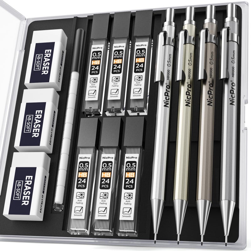 Nicpro 4 Pack Mechanical Pencil 0.5 mm with Case, MB1000 Metal Mechanical Pencil Set with 6 Tube HB #2 Lead Refill 0.5mm, 3PCS 4B Eraser, 9 Cap Eraser for Artist Drafting Writing, Sketching, Drawing - Image 1