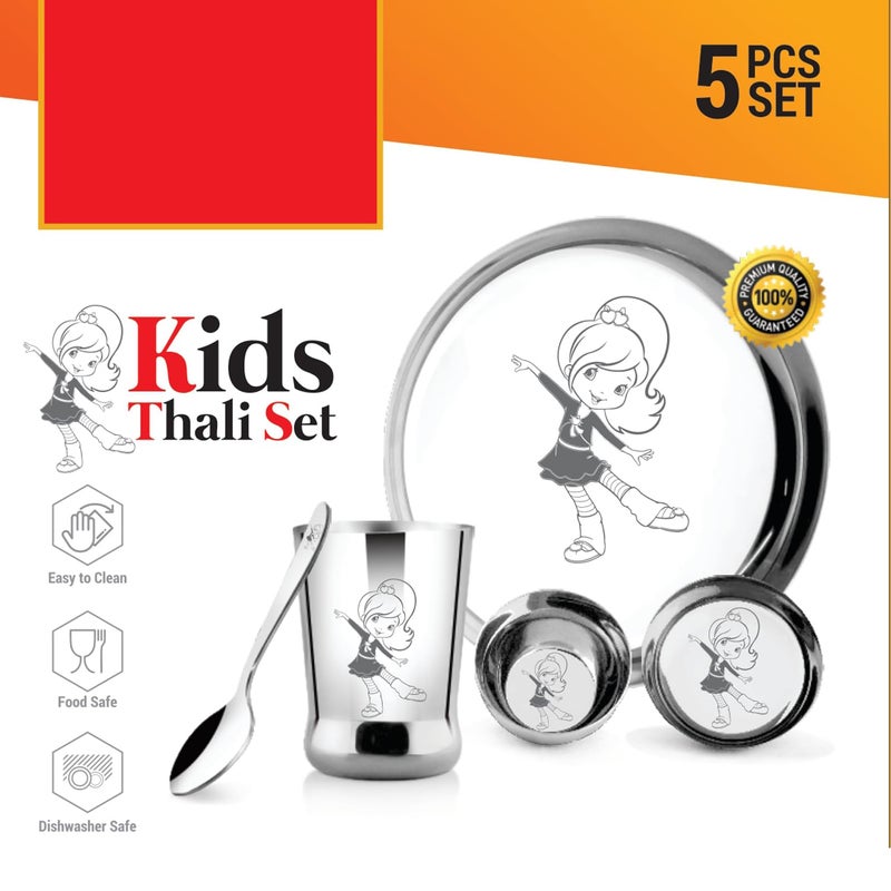 POGON طقم غداء وعشاء دائري من الفولاذ المقاوم للصدأ للأطفال البنات، طقم ثالي، عبوة من 5 (فضي) - Image 3