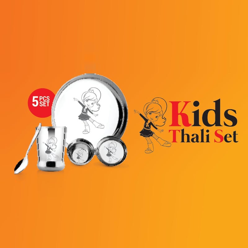 POGON طقم غداء وعشاء دائري من الفولاذ المقاوم للصدأ للأطفال البنات، طقم ثالي، عبوة من 5 (فضي) - Image 4