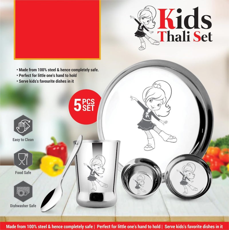 POGON طقم غداء وعشاء دائري من الفولاذ المقاوم للصدأ للأطفال البنات، طقم ثالي، عبوة من 5 (فضي) - Image 5